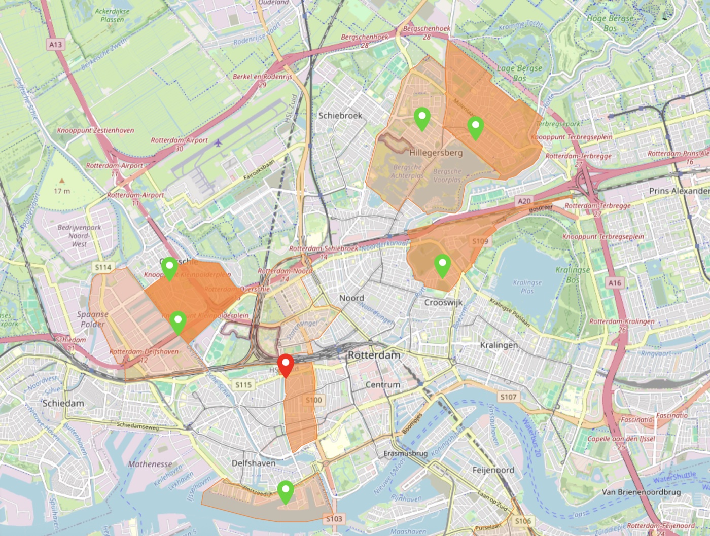 Kaart van Rotterdam met oranje gemarkeerde postcodegebieden op basis van ticketverkoopdata