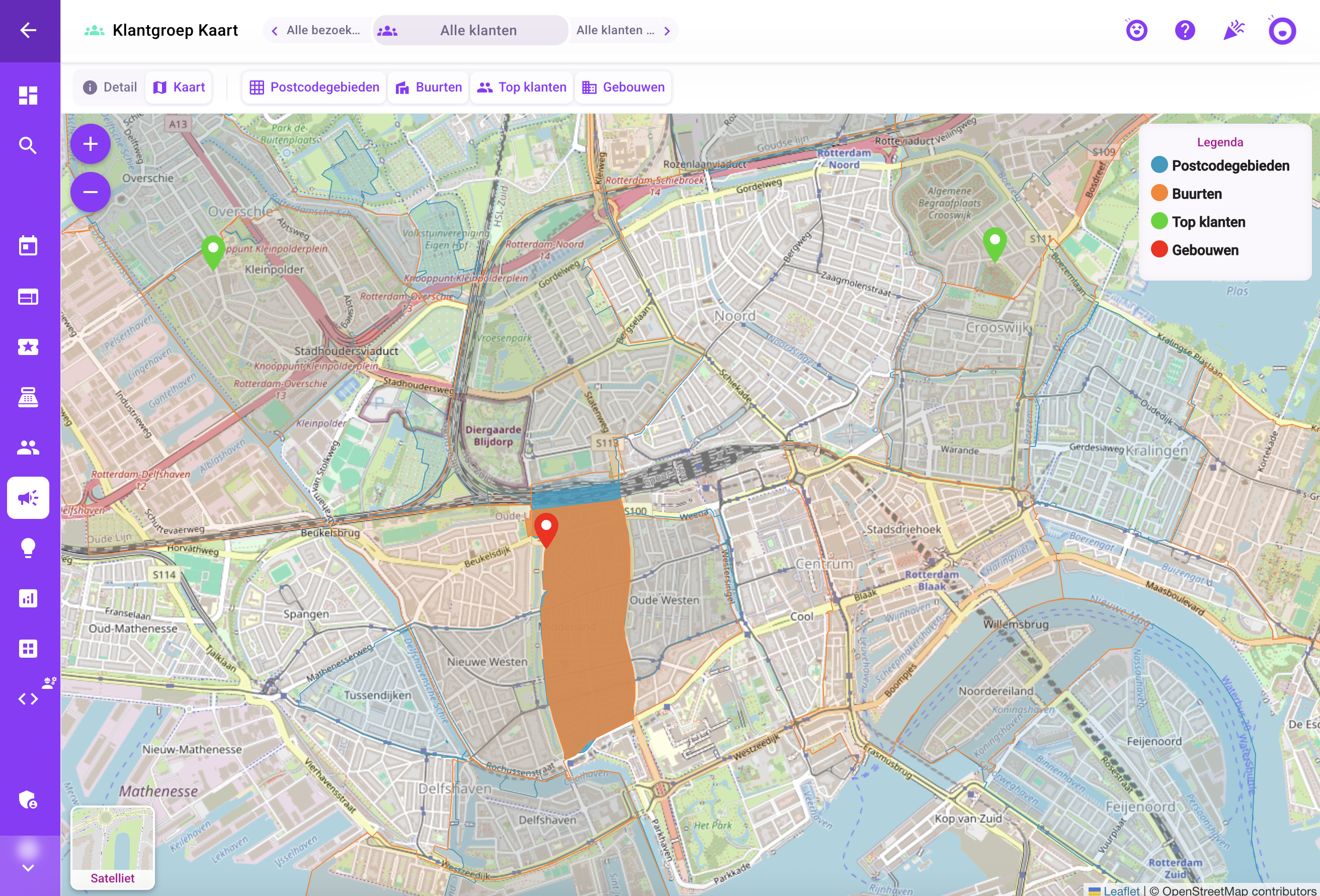 Klantgroep Kaart in Ovatic — postcodegebieden en buurten in Rotterdam gekleurd op basis van ticketverkoopdata